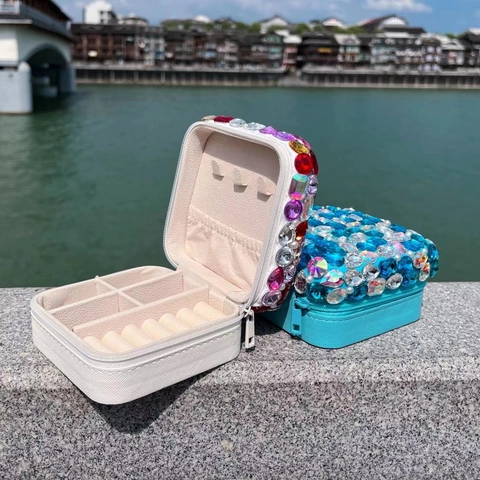 Portagioie Portatile Strass Künstliche Perle Finte Luccicante Custodia Da Viaggio Con Cerniera Specchio Lusso Per Orecchini