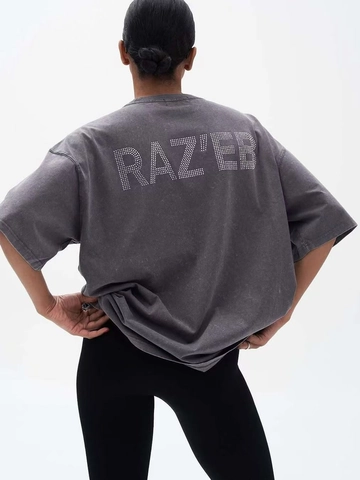 Damen Oversized T-Shirt Baumwolle Vintage Acid Wash Strass Buchstaben Rückseite Drop Shoulder Rundhals Streetwear Top