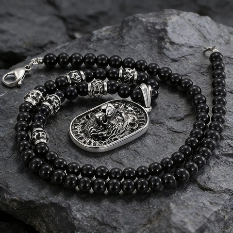 Collana Con Pendente A Rilievo Testa Di Leone Retro Da Uomo Catena Di Perline Acciaio Al Titanio Gioielli