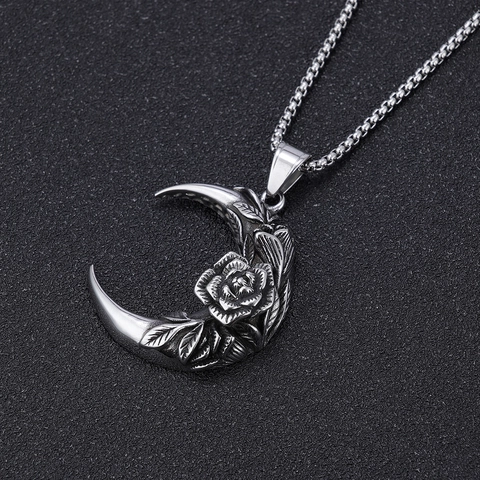 Crescent Moon Rose Pendant Necklace Stainless Steel Retro Gothic Street Punk Style Jewelry For Men And Women