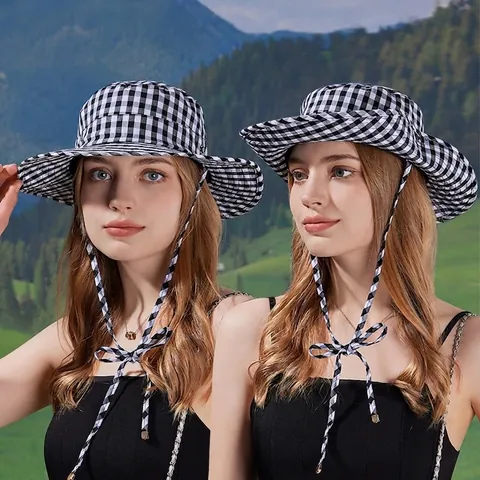 Chapeau Bob Pour Femmes À Carreaux Large Bord Protection Solaire Polyester Respirant Randonnée Extérieure Avec Lien Réglable