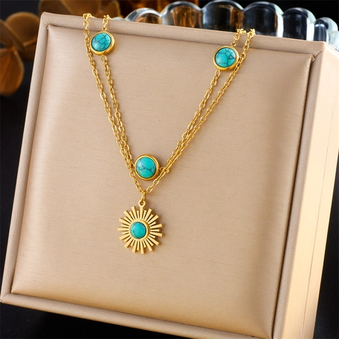 Stainless Steel Double Layer Necklace With Sunburst Pendant And Inlaid Turquoise Retro Gold Plated Jewelry For Women
