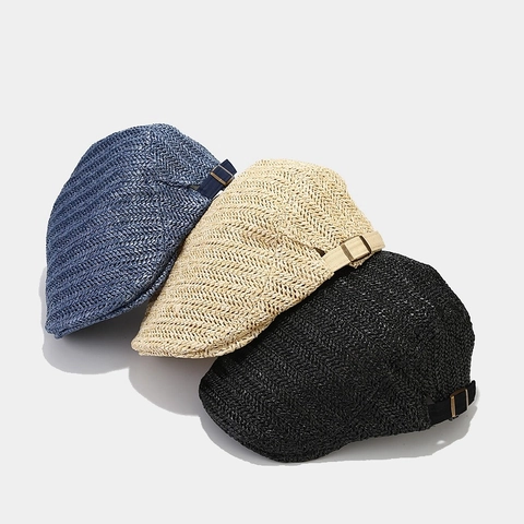 Woven Paper Straw Beret Flat Cap Adjustable Metal Buckle Breathable Sun Protection Summer Beach Vacation Retro Solid Color
