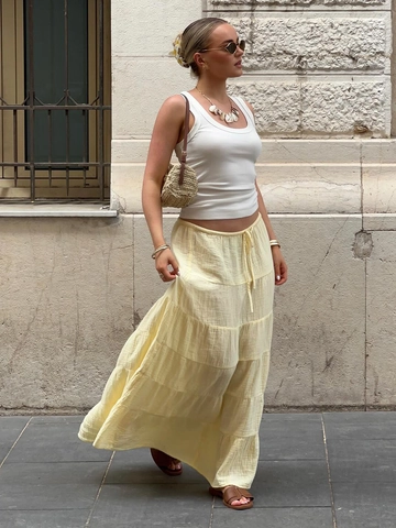 Women Cotton Crinkle Muslin Gauze Tiered Maxi Skirt High Elastic Waist Drawstring Flowy Summer Beach Vacation Boho Leisure