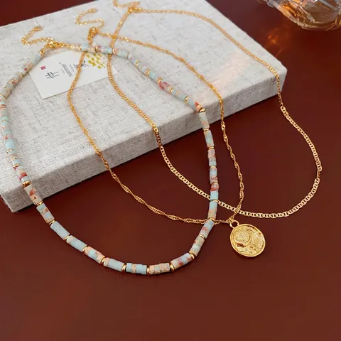 Colliers De Perles Rétro Pendentif Médaillon En Cuivre Étoile Lune Gaufré Style Ethnique Boho Pour Femmes Bijoux