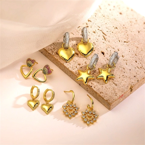 Kupfer Zirkonia Herz Stern Hängeohrringe Für Damen Trendige Vergoldete Hamsa Hand Böser Blick Modeschmuck