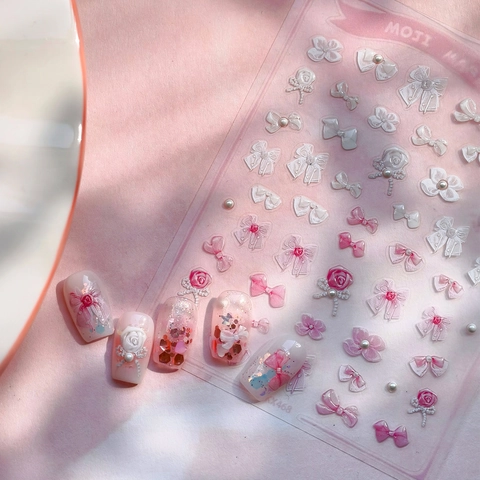 Pegatinas Para Uñas En Relieve 3D Lazo Rosa Flor Perla Artificial Calcomanías Autoadhesivas Para Manicura DIY Estilo Japonés