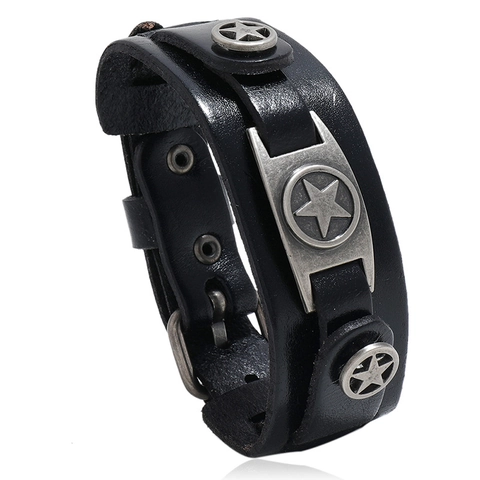 Punk Rindsleder Armband Mit Legierung Pentagramm Sterne Retro Verstellbares Armband Für Herren Vintage Stil