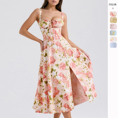Floral Print Cami Midi Dress Sexy Backless High Split Slim Fit Polyester Summer Vacation French Vintage Style For Women