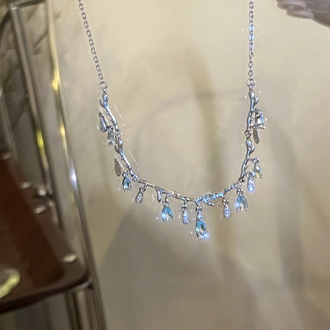 Elegante Collana Ramo Goccia Acqua Lega Rhinestone Cristallo Blu Pendente Catena Clavicola Per Donne Ragazze