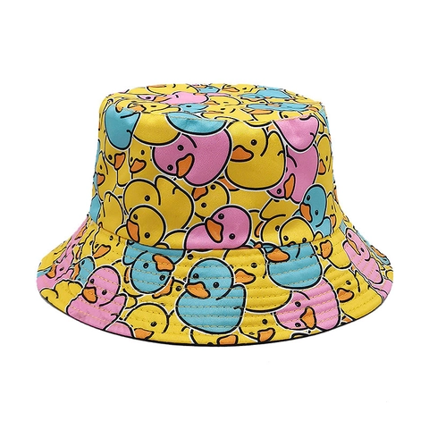 Reversible Bucket Hat Polyester Cartoon Duck Print Sun Protection Fashion Fisherman Cap Women Men