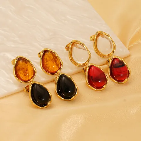Pendientes De Botón Gota Acero Inoxidable Bañado Oro 18K Y Resina Forma Orgánica Irregular Minimalista Para Mujeres