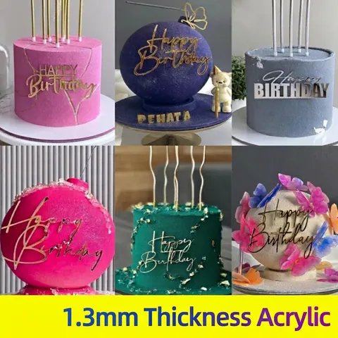 Happy Birthday Cake Topper Acrylic Mirror Gold Silver Butterfly Crown Decoration For Birthday Party Baking Accessories