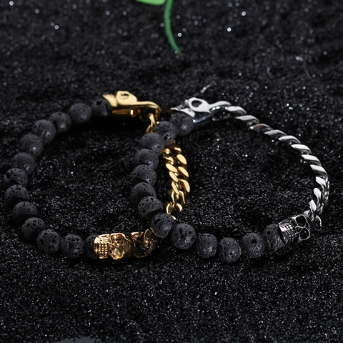 Bracciale Teschio Punk Uomo Acciaio Inossidabile Pietra Lavica Occhio Di Tigre Catena Cubana Vintage Gotico