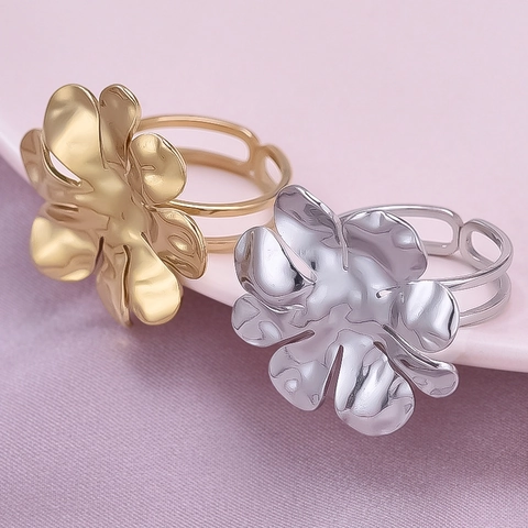 Minimalistischer 304 Edelstahl Blume Verstellbarer Offener Ring Für Damen 18K Vergoldet Unregelmäßige Blütenblätter Mode Schmuck Geschenk