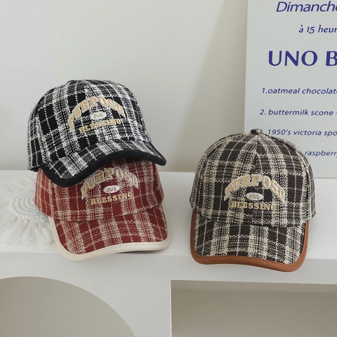 Kids Vintage Plaid Tweed Baseball Cap Letter Embroidery Autumn Winter Adjustable Warm Duck Tongue Hat