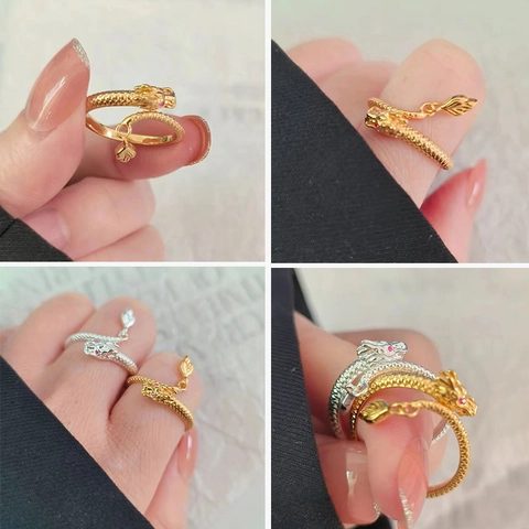 Anello Aperto Regolabile A Forma Di Dragone Rame Con Occhi In Gemma Rossa E Pendente A Foglia Gioielli Vintage Stile Cinese