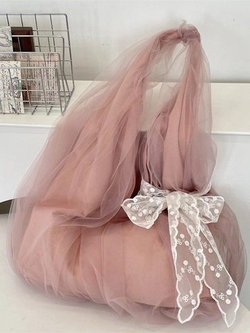 Sac Bandoulière En Maille Pour Femmes Grande Capacité Nœud Dentelle Brodé Organza Cabas Style Coréen Doux Casual Polyester