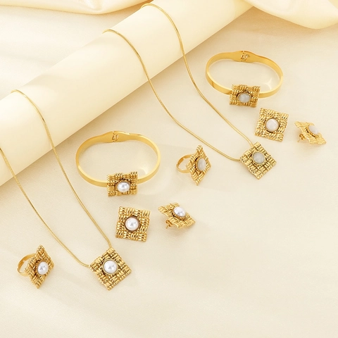 Gold Plated Stainless Steel Necklace Earrings Bracelet Ring Jewelry With Faux Artificial Pearl Turquoise Textured Square Vintage For Women