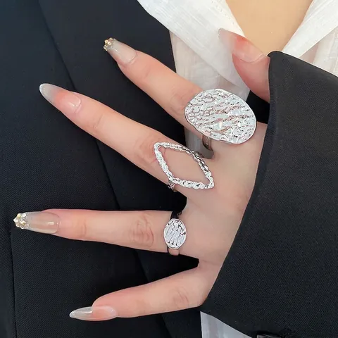 Hammered Texture Rings Alloy Irregular Geometric Oval Hollow Rhombus Open Adjustable Jewelry For Women Minimalist
