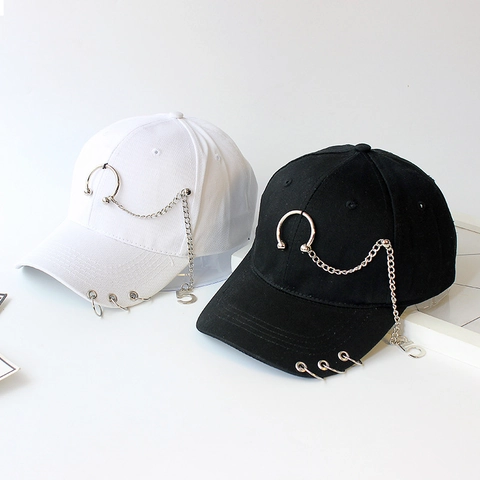 Baumwolle Baseball Kappe Mit Metallringen Und Ketten Punk Hip Hop Stil Sonnenhut Für Kinder Und Erwachsene Verstellbar Streetwear