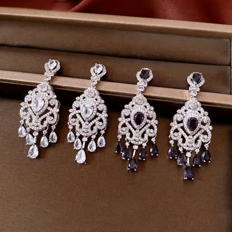 Baroque Vintage Flower Dangle Earrings With Purple Zircon And Silver Earring Post Copper Luxury Palace Style Jewelry