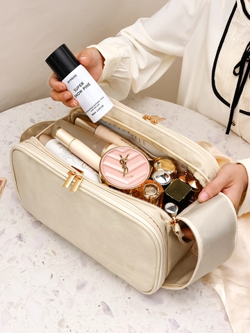 Large Capacity Makeup Bag PU Leather Portable Travel Toiletry Organizer Double Zipper Multi-Layered Cosmetic Case For Women