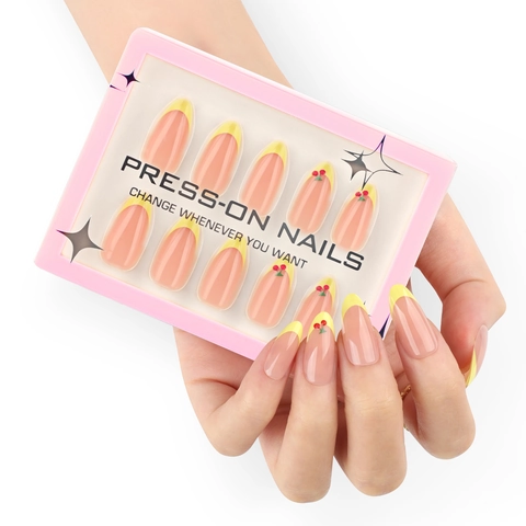 Lange Mandelform Aufpressnägel Französisch Gelbe Spitze Kirschmuster Minimalistische Elegante Künstliche Nägel Für Frauen