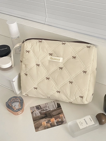 Quilted Cotton Makeup Bag Embroidered Bow Portable Toiletry Organizer Handheld Cosmetic Pouch For Travel