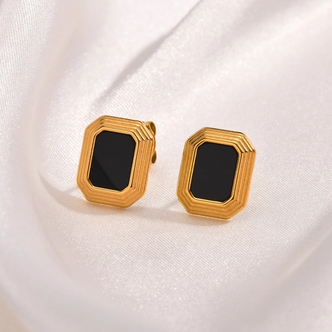 Pendientes Rectangulares Vintage Acero Inoxidable Dorado Ágata Negra Borde Escalonado Geométrico Joyería Retro Mujer