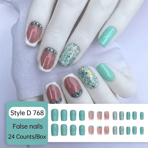 French Tip Press On Nails Mint Green Square False Nails With Blue Rhinestone Glitter Sweet Flower Style For Women