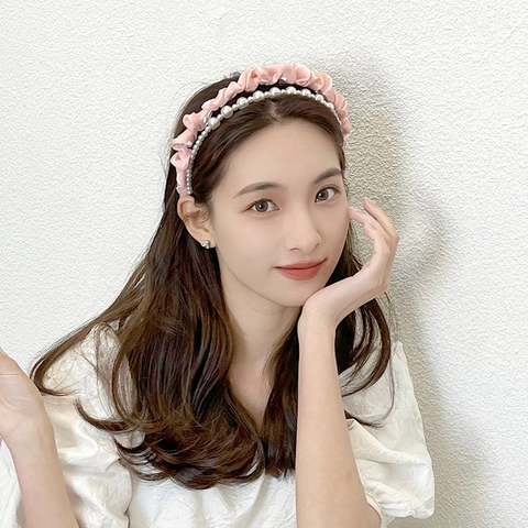 French Style Stacked Headband With Pleated Satin Mesh Fabric And Elegant Imitation Artificial Pearls For Women Sweet Hair Accessory