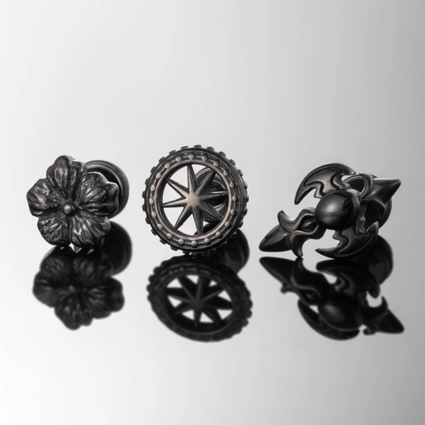 Gothic Punk Gear Star Flower Stud Earrings Black Stainless Steel Titanium Cartilage Piercing Fashion Jewelry