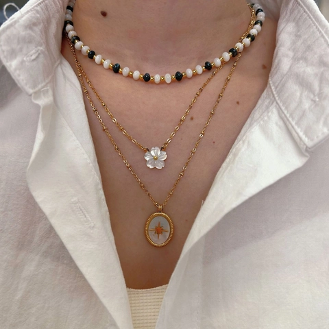 Collier Multi Rangs Femmes Acier Inoxydable Pierres Naturelles Perles Fleur Coquillage Pendentif Étoile Bijoux Élégants