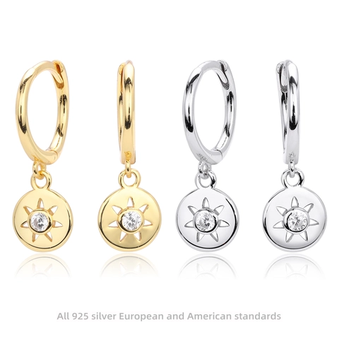 925 Sterling Silver Star Hoop Earrings For Women Gold Silver Plated Sunburst Pendant Rhinestone Fashion Jewelry Earring