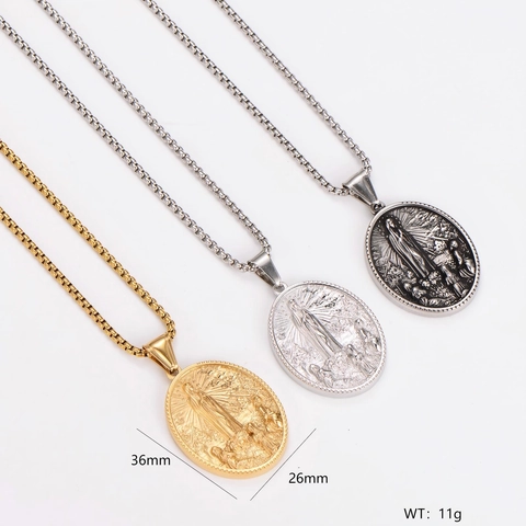 Collier Pendentif Vierge Marie Notre Dame De Fatima Relief Ovale Vintage Acier Inoxydable 304 Bijoux Religieux