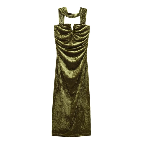 Women Velvet Halter Ruched Maxi Dress V Neck Slim Fit Elegant Moss Green Solid Color Evening Party