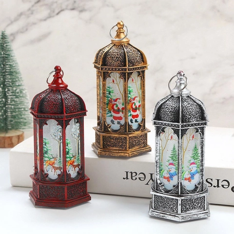 Vintage Weihnachten Laterne LED Nachtlicht Weihnachtsmann Schneemann Elch Muster Hängende Dekoration Haus Urlaub Desktop Dekor