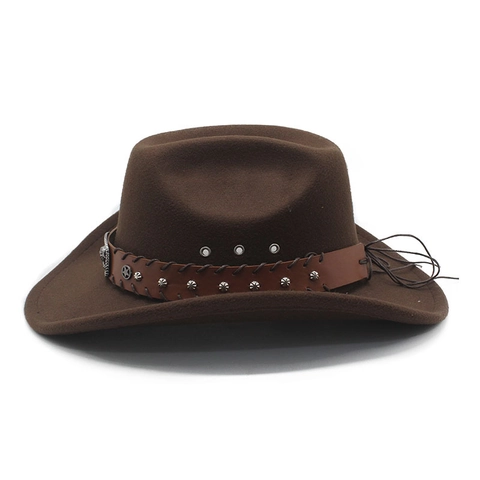 Western Cowboy Hat Vintage American Bull Head Buckle Leather Band Cotton Polyester Felt Wide Brim Men Women