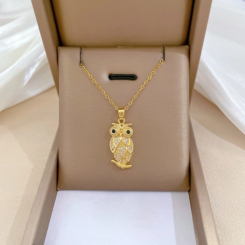 Eule Anhänger Halskette Titanstahl Kette Kupfer Mikro Pave Zirkonia Zierlicher Luxusschmuck Für Damen