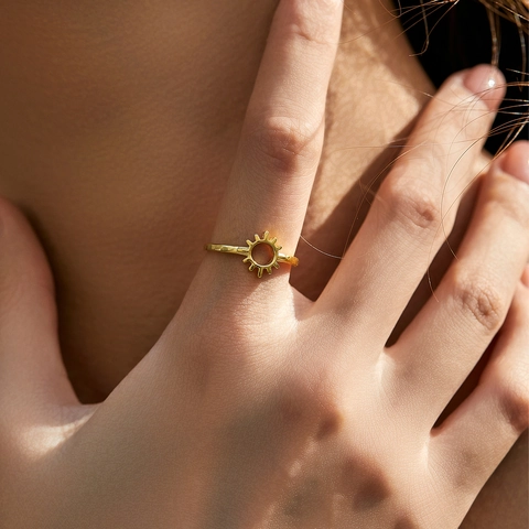 S925 Sterling Silver Sun Open Ring For Women Minimalist Gold Plated Geometric Sunburst Niche Design Finger Jewelry