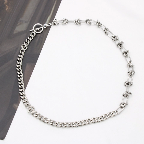 Minimalist Luxury Titanium Steel Cuban Chain Choker Necklace For Women Silver Patchwork Design OT Buckle Fashion Jewelry