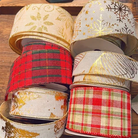 Christmas Ribbon Burlap Cotton Linen Gold Printed Snowflake Plaid Holiday Tree Decoration Gift Wrapping DIY Crafts