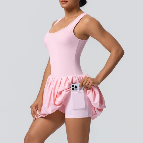 Dames Tennisjurk Nylon Hoge Elasticiteit Sport Jurk Uit Eén Stuk Met Ingebouwde Shorts Zakken Geplooid Zoom Mouwloos