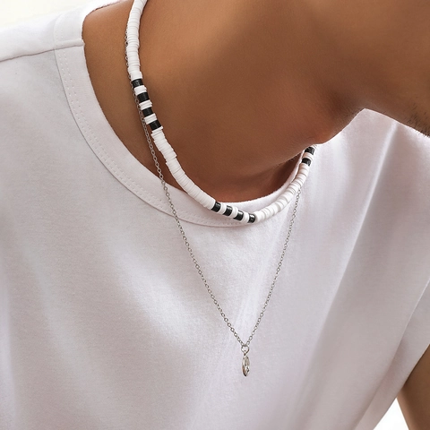 Double Layered Necklace Polymer Clay Heishi Beads Copper Chain Peace Sign Pendant Bohemian Jewelry For Men Women