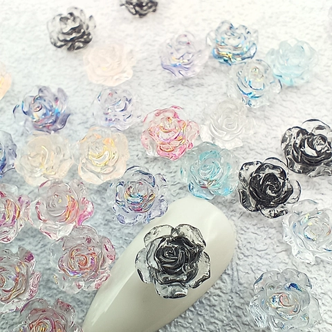 Decoraciones De Arte De Uñas De Flores De Rosa 3D Amuletos De Camelia De Resina Hielo Transparente Aurora Accesorios DIY