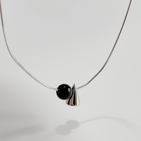 Collana Minimalista In Argento Sterling 925 Con Perla Di Agata Nera E Ciondolo A Cono Geometrico Gioielli Moderni Per Donna