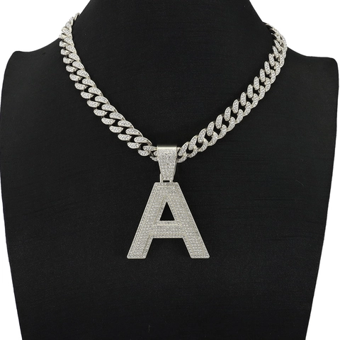Hip Hop Iced Out Κολιέ με Μενταγιόν Αρχικό Γράμμα Α για Άνδρες Γυναίκες Κράμα Στρας Αλυσίδα Cuban Link Bling Κοσμήματα Δώρο