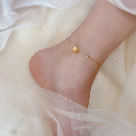 Tobillera de Corazón de Acero de Titanio Chapado en Oro de 18K Minimalista para Mujer Cadena de Cuentas Simple Colgante de Amor Joyería