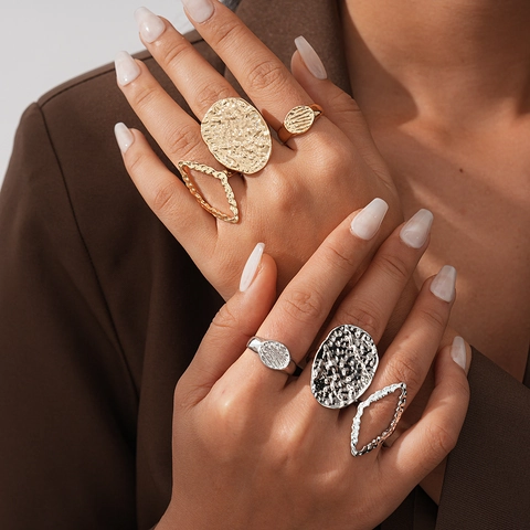Hammered Geometric Alloy Rings Adjustable Retro Bohemian Style Jewelry Accessories For Women